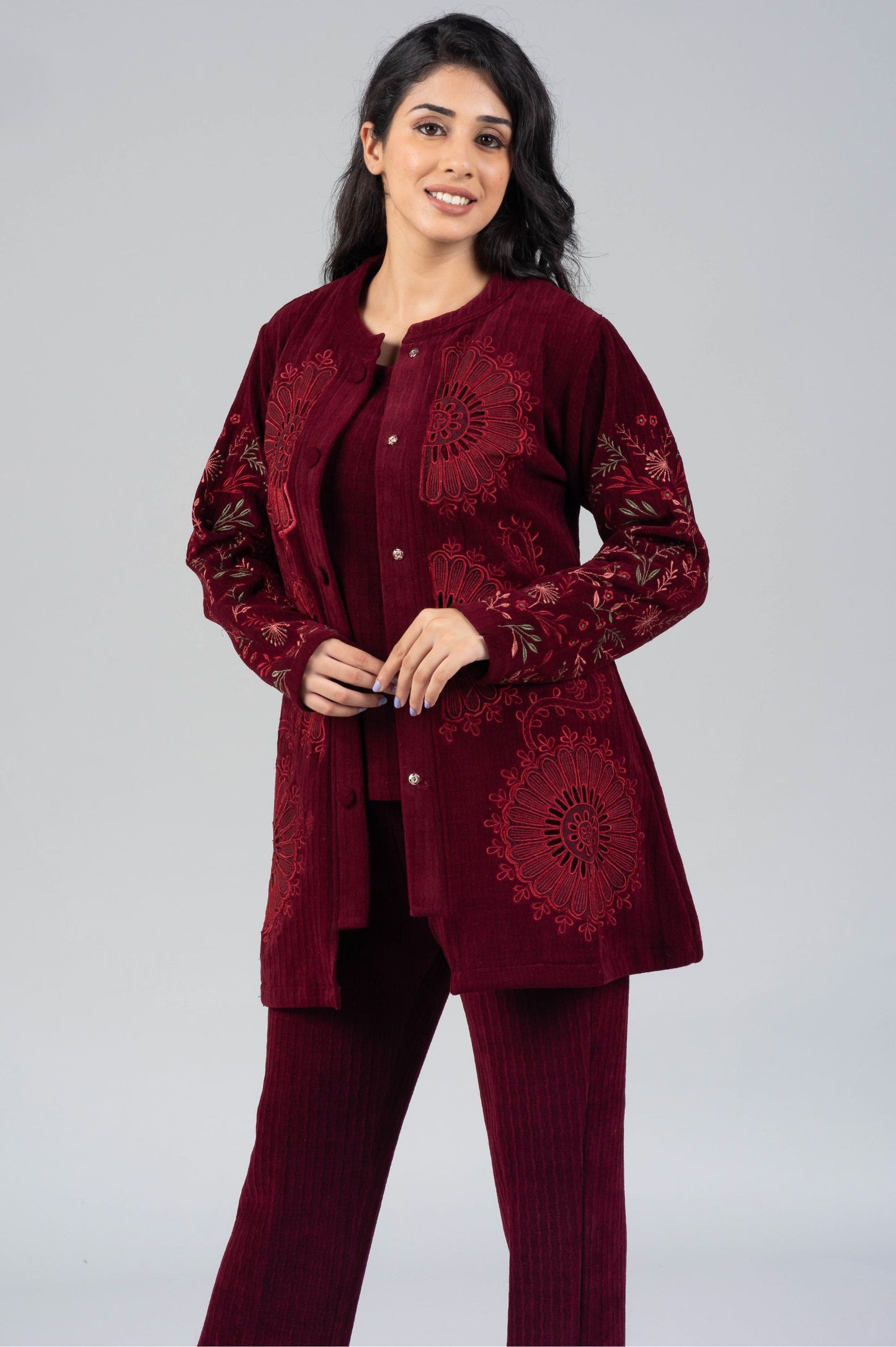 Mehroon Woolen Co-ord Set with Embroidered Jacket