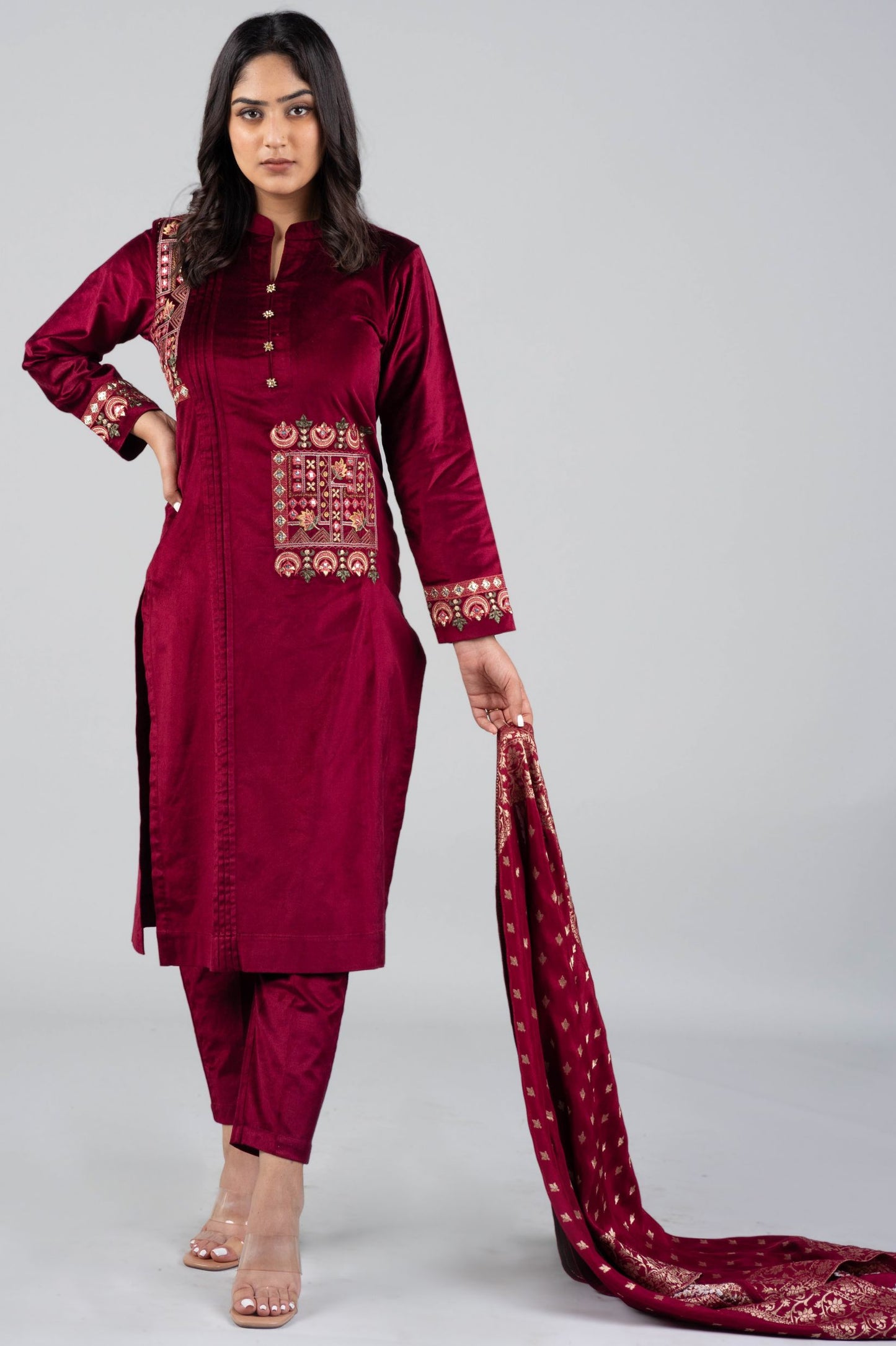 Mehroon Amritsari Velvet Kurti Set with Banarasi Dupatta