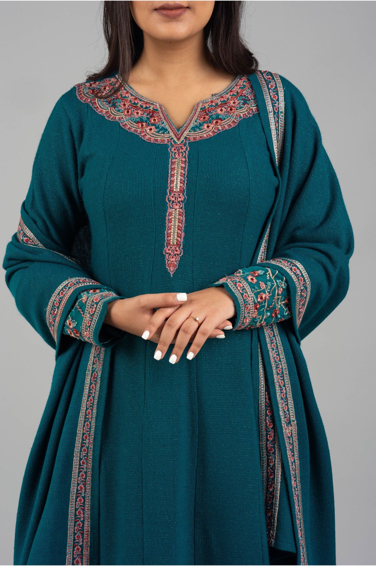 Teel Woolen Kurti Suit with Coordinated Embroidered Dupatta