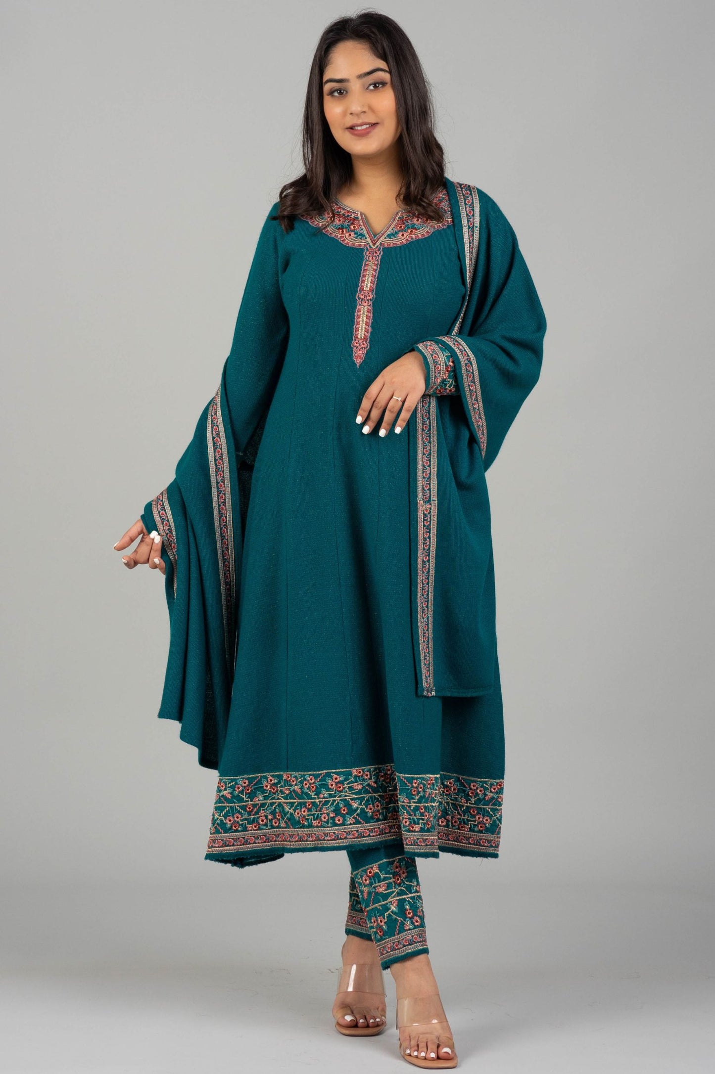 Teel Woolen Kurti Suit with Coordinated Embroidered Dupatta
