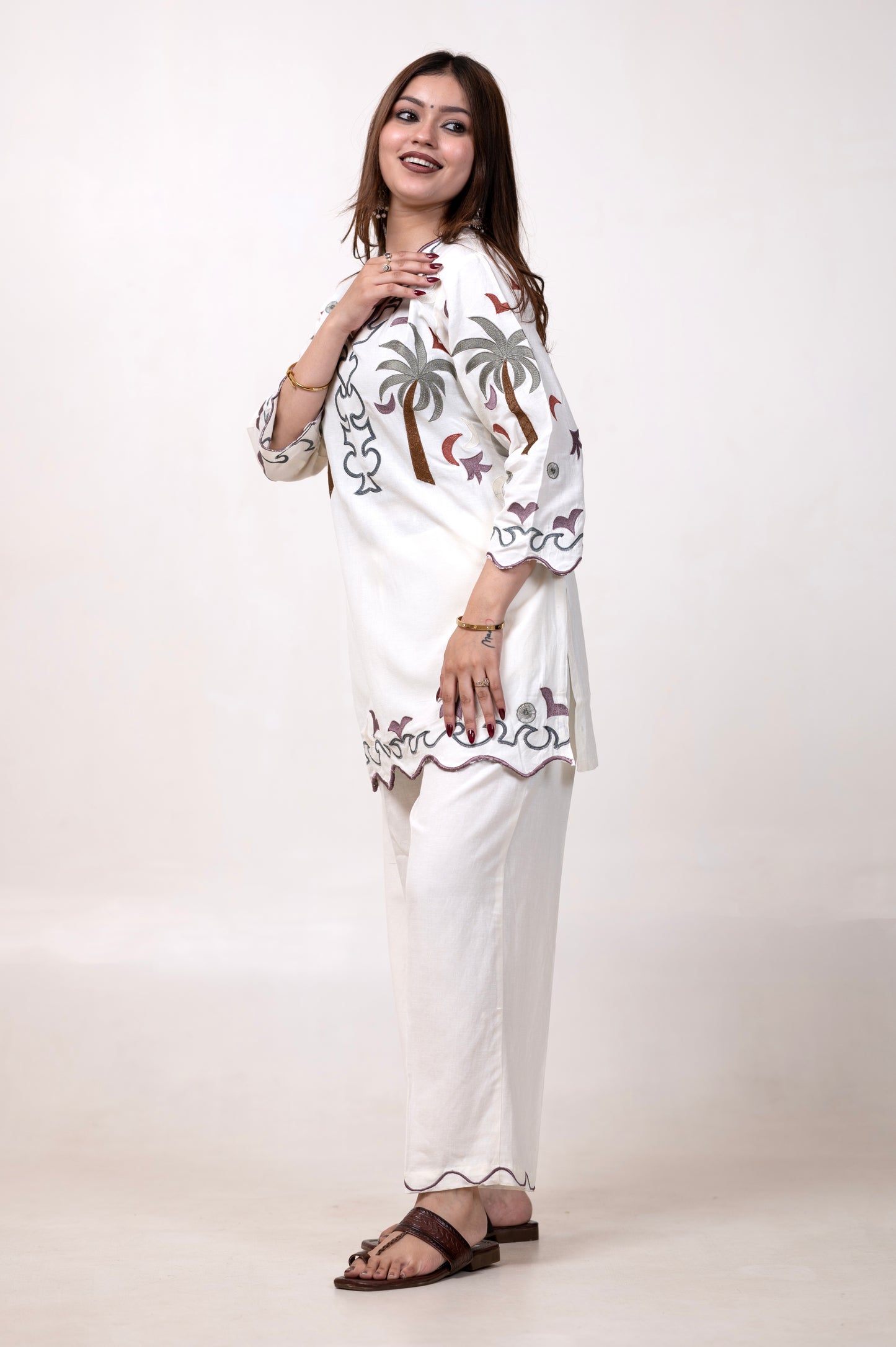 Full Embroidered Pure Cotton V-Neck Co-ord Set – White