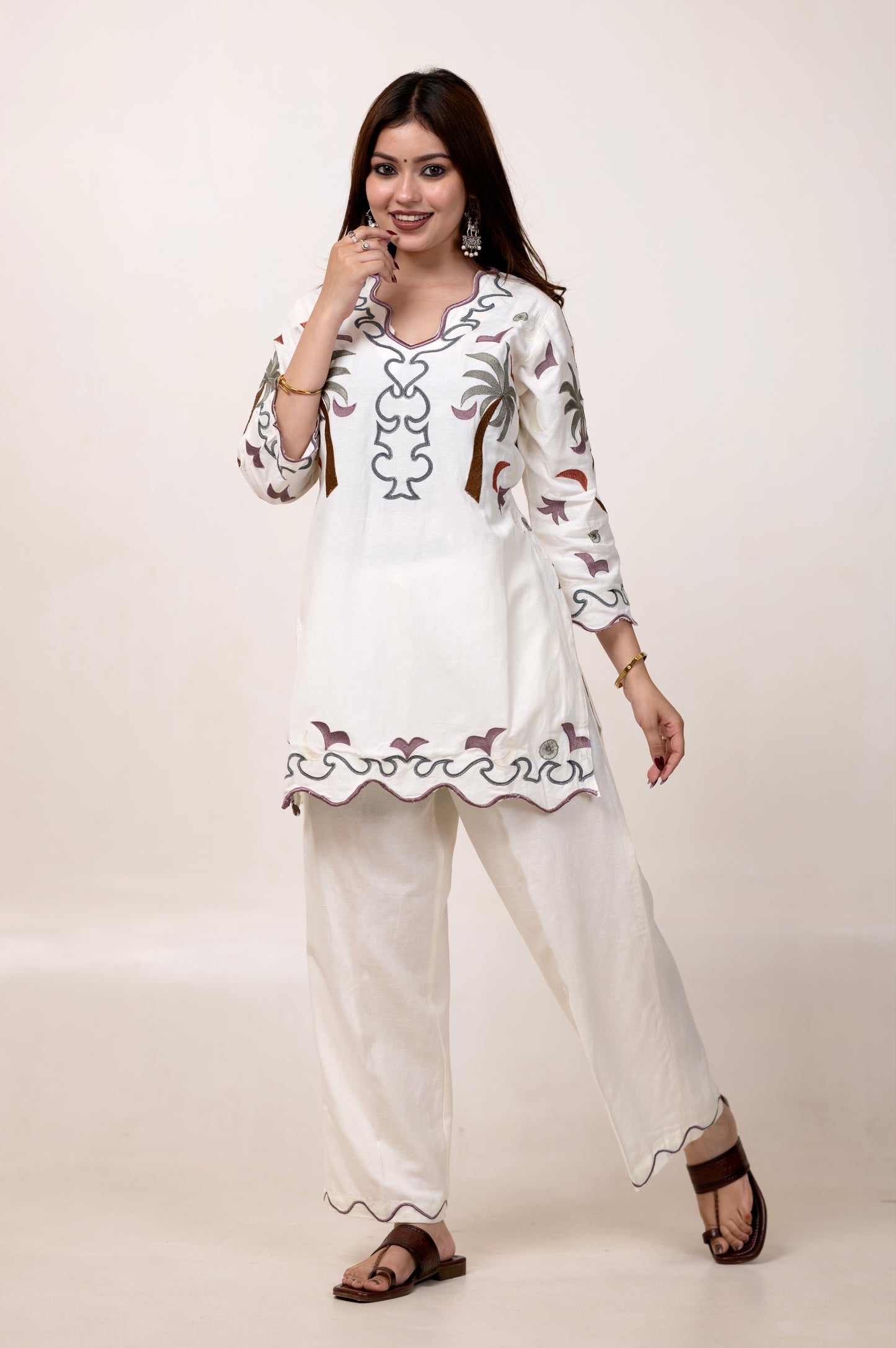 Full Embroidered Pure Cotton V-Neck Co-ord Set – White