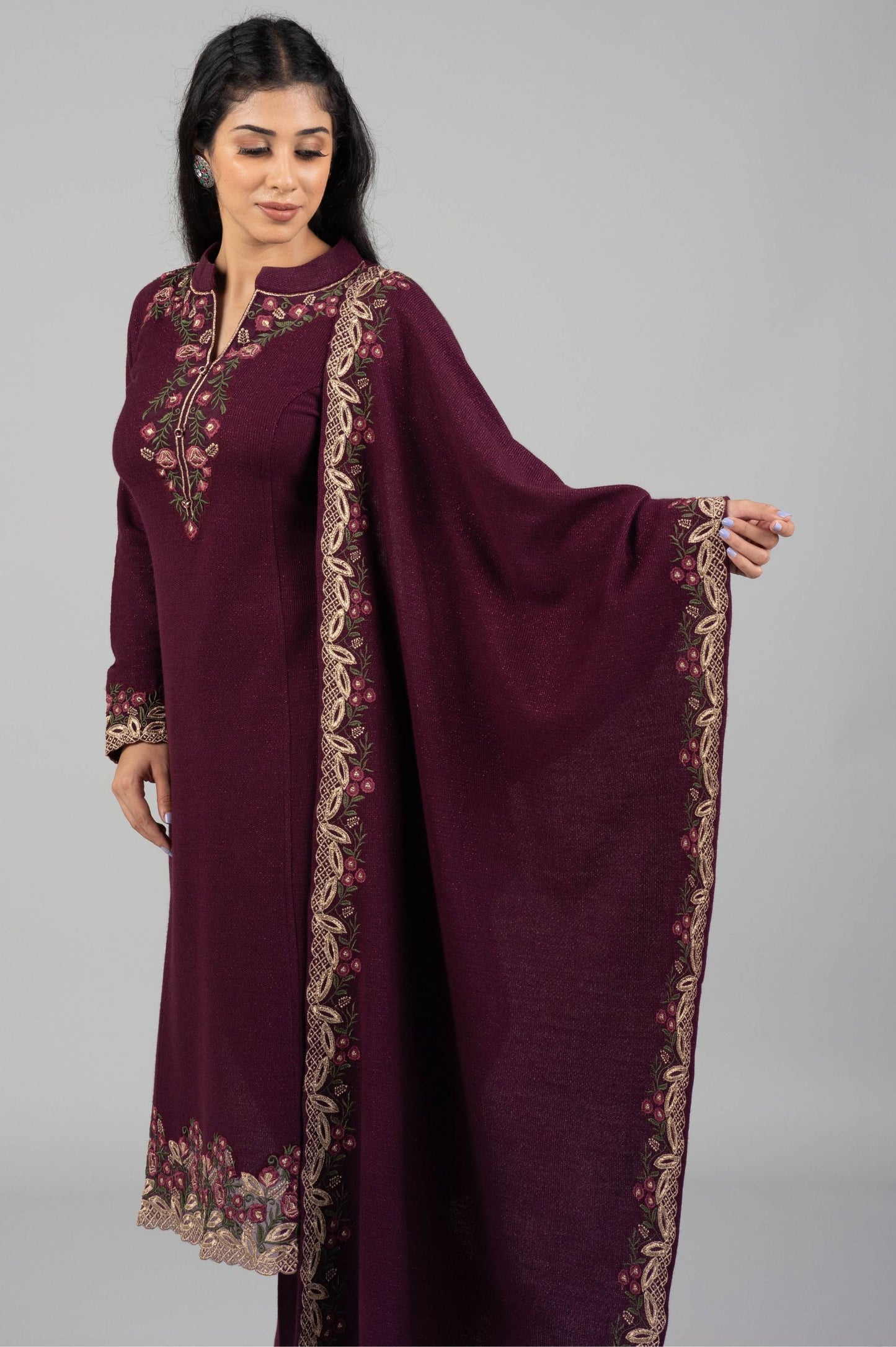 Mehroon Woolen Kurti Suit with Coordinated Embroidered Dupatta