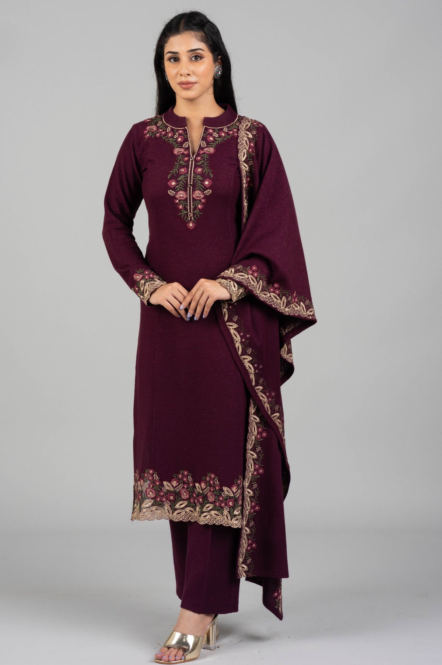 Mehroon Woolen Kurti Suit with Coordinated Embroidered Dupatta