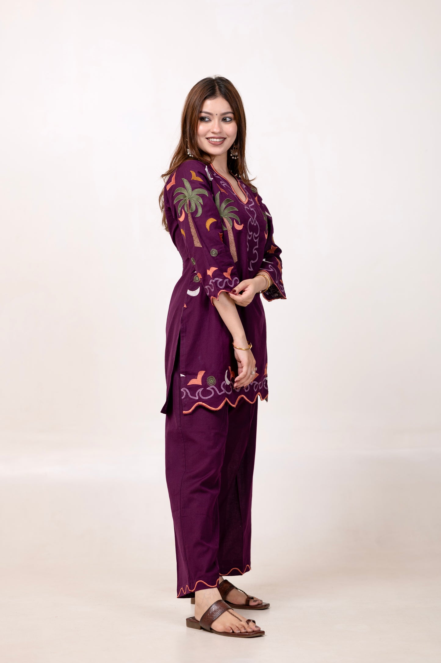 Full Embroidered Pure Cotton V-Neck Co-ord Set – Purple