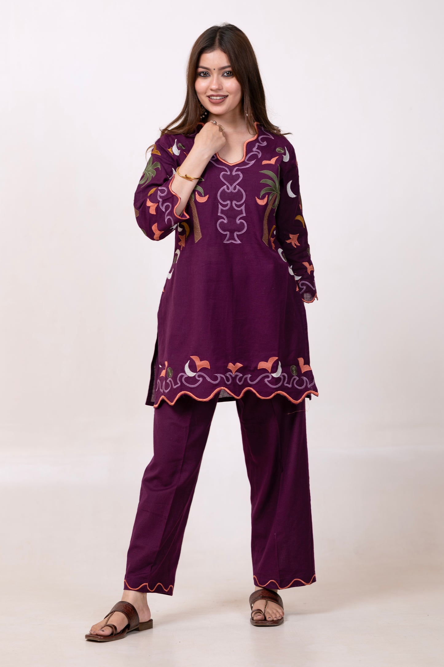 Full Embroidered Pure Cotton V-Neck Co-ord Set – Purple