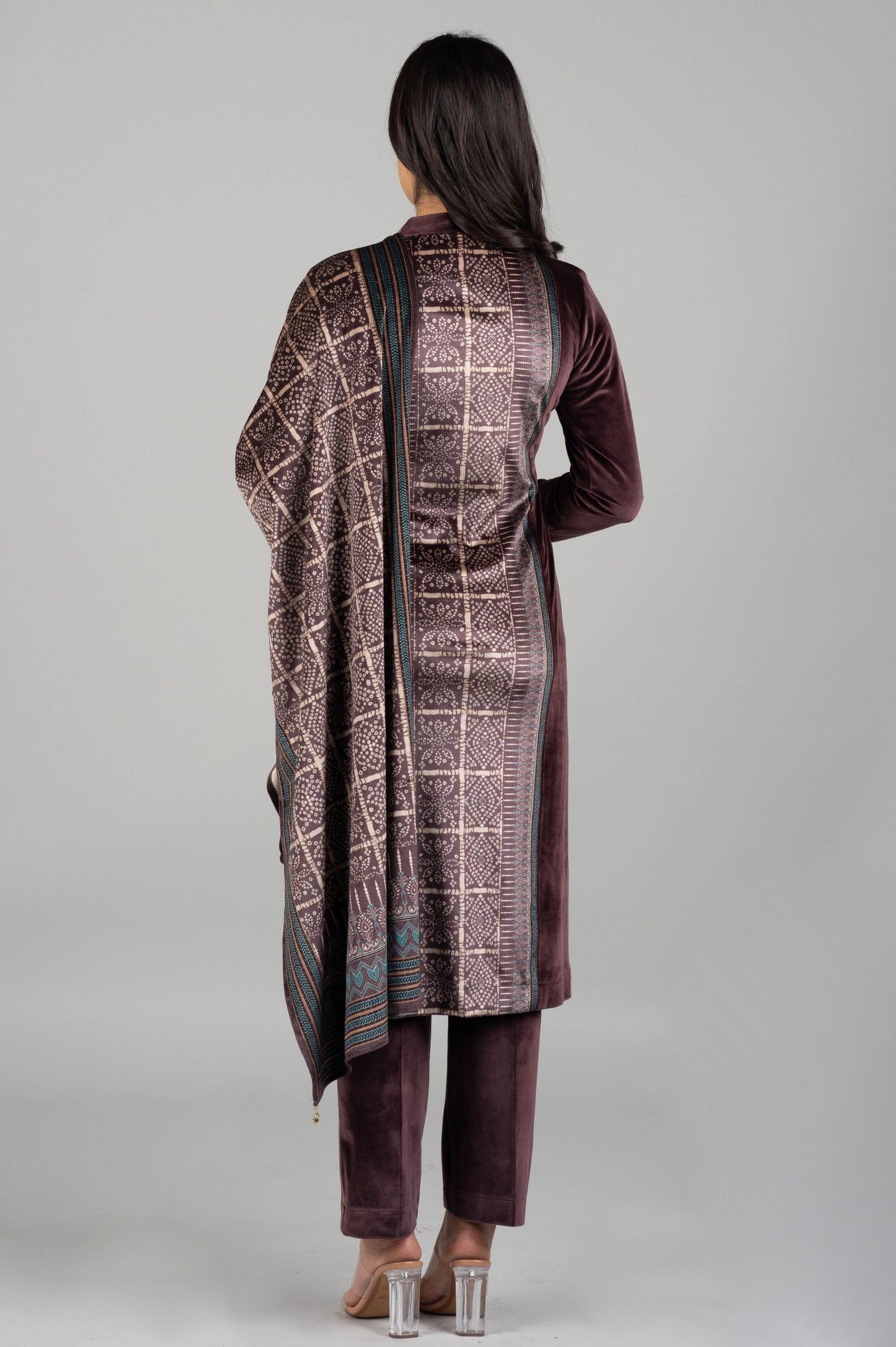 Velvet Kurti Suit with Printed Back & Dupatta – 3 Piece Set