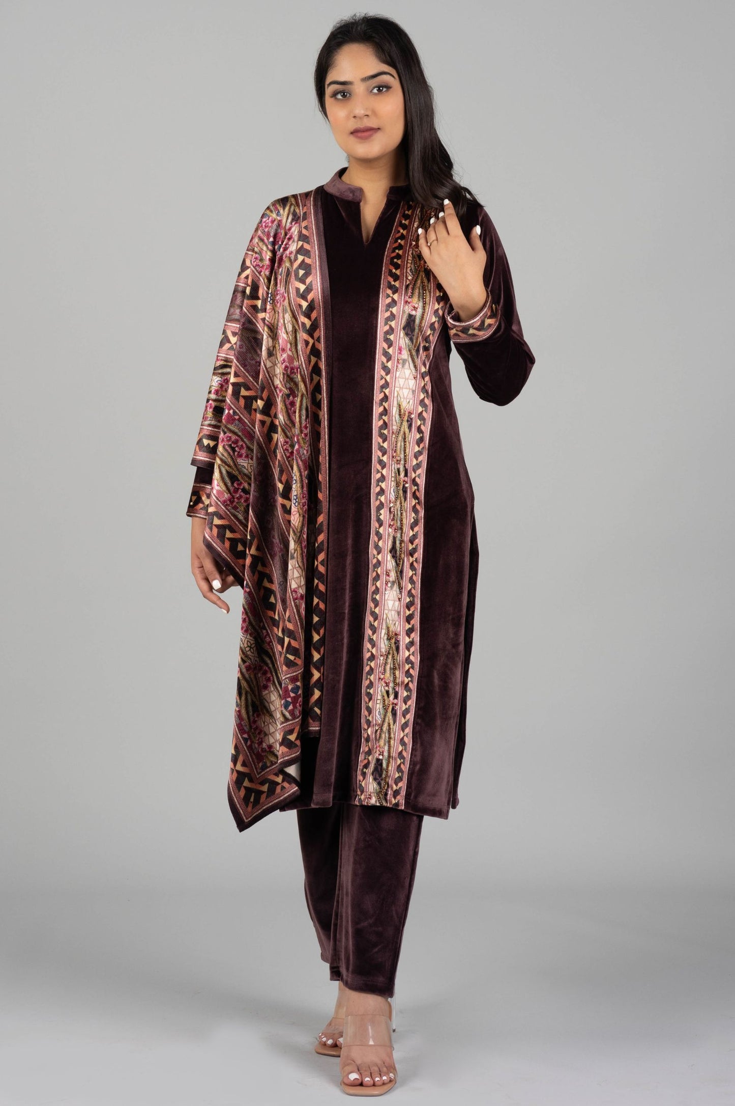 Wine Velvet Kurti Suit with Printed Front & Dupatta – 3 Piece Set