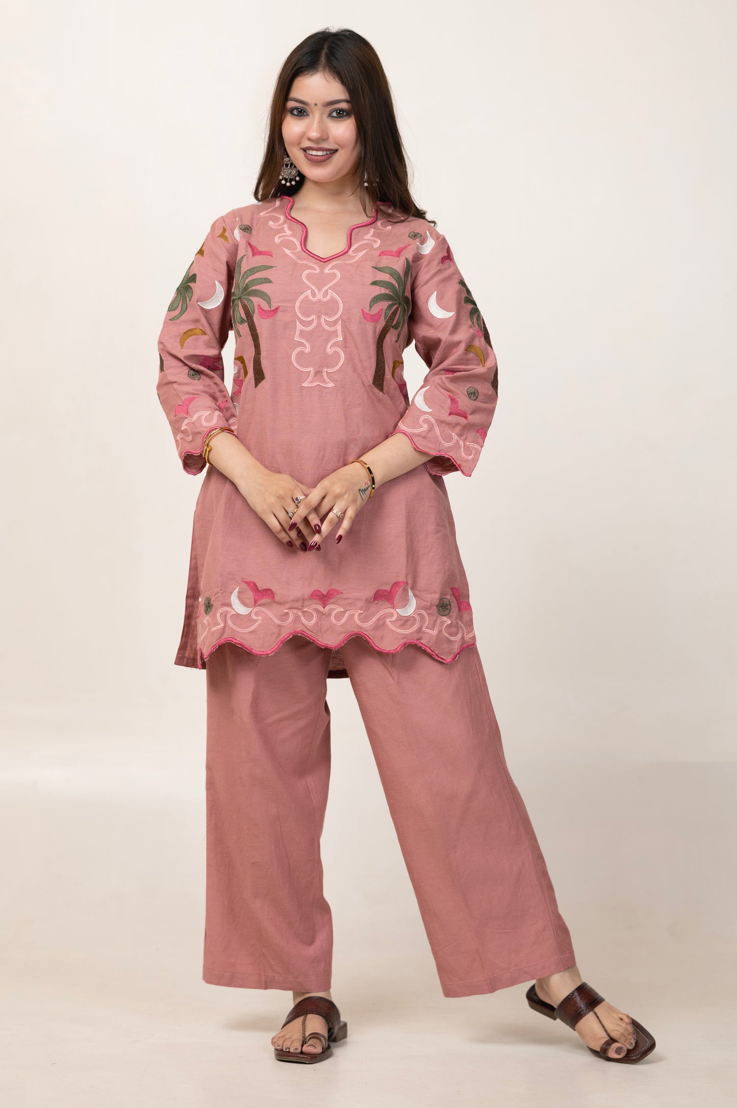 Full Embroidered Pure Cotton V-Neck Co-ord Set – Pink