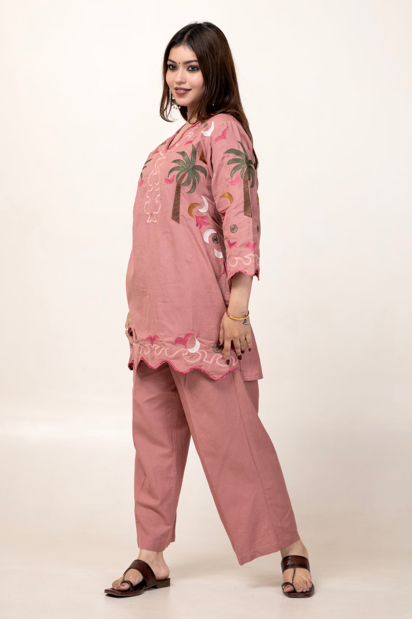 Full Embroidered Pure Cotton V-Neck Co-ord Set – Pink