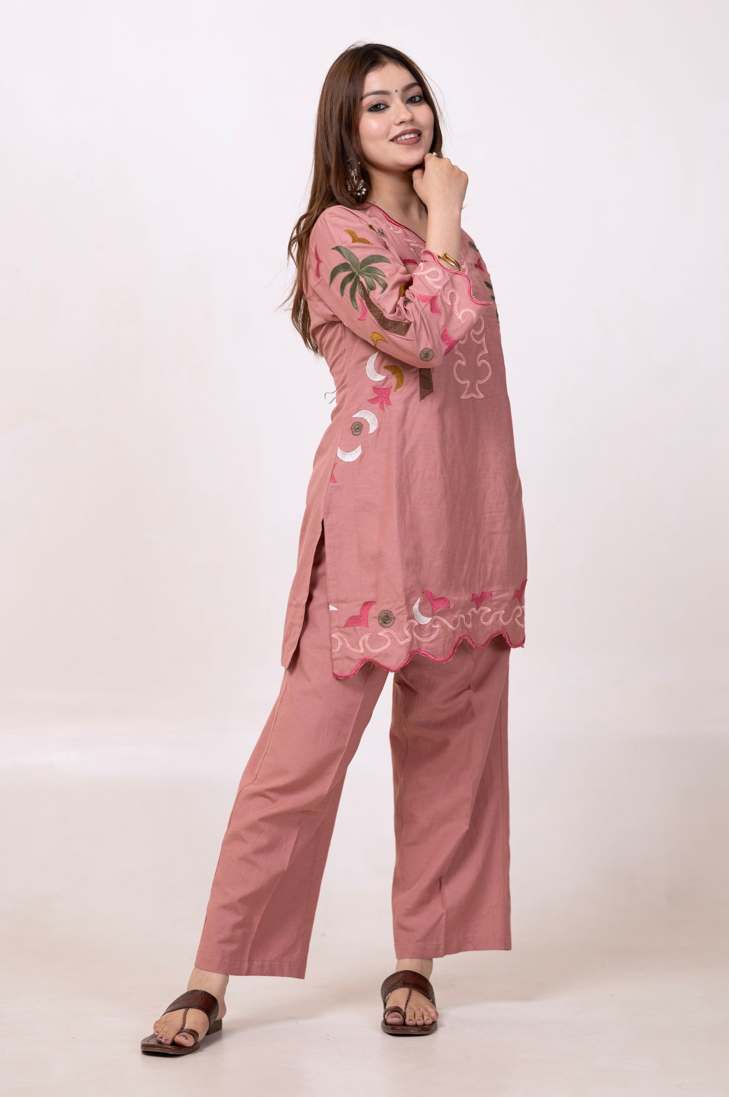 Full Embroidered Pure Cotton V-Neck Co-ord Set – Pink