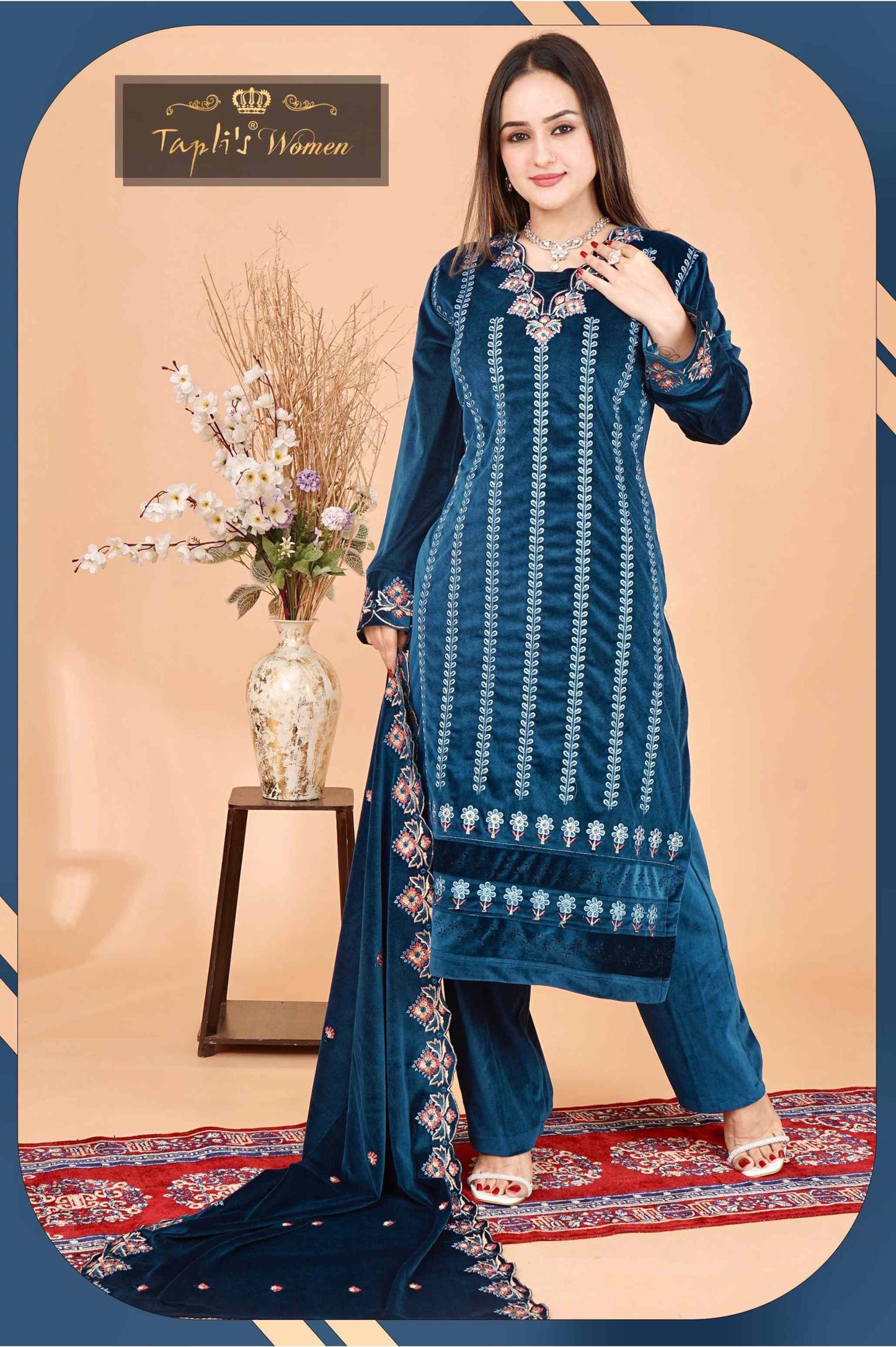 Velvet Embroidered Three-Piece Kurti Set with Matching Stole