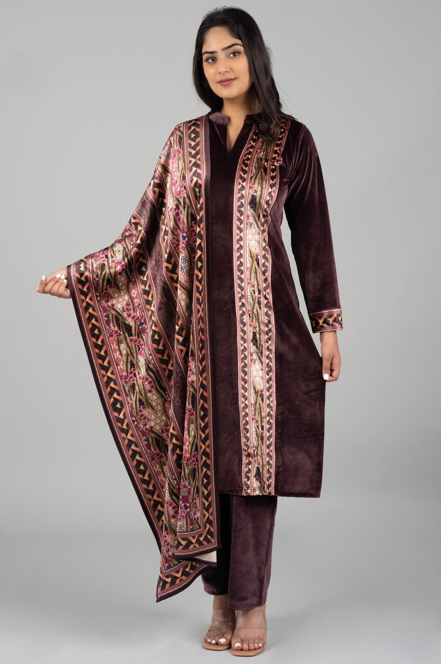 Wine Velvet Kurti Suit with Printed Front & Dupatta – 3 Piece Set
