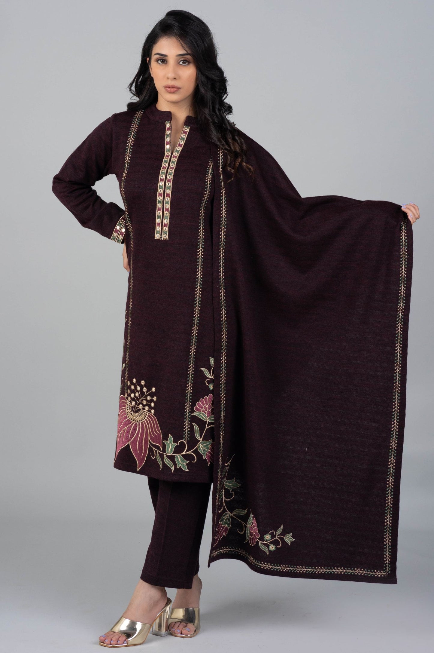 Dark Purple Woolen Kurti Suit with Elegant Embroidery – 3 Piece Set