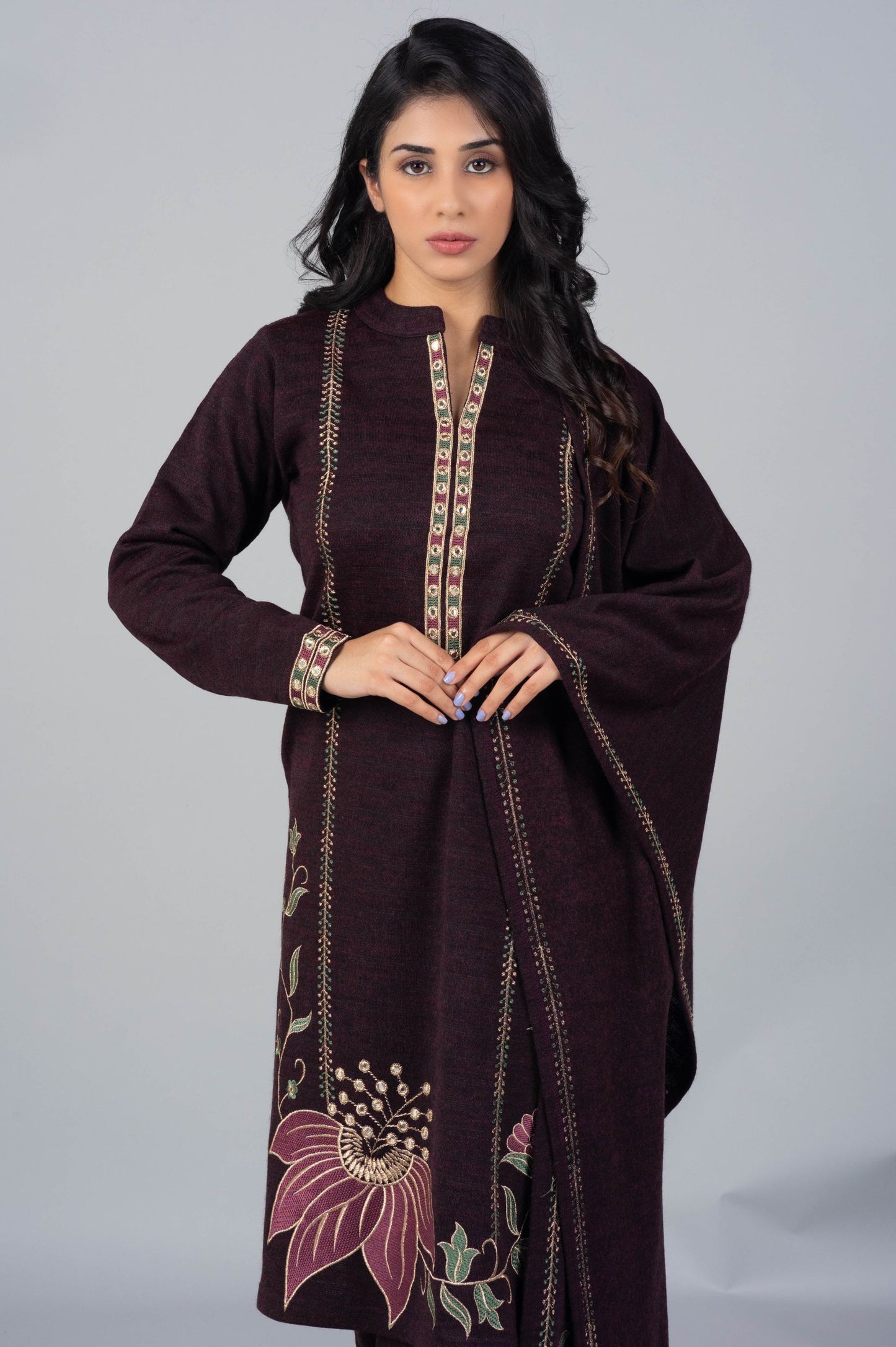 Dark Purple Woolen Kurti Suit with Elegant Embroidery – 3 Piece Set