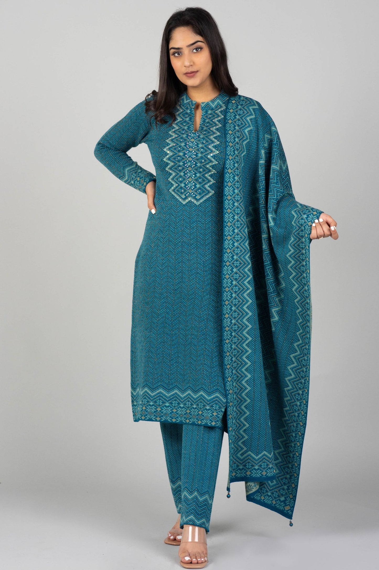 Blue Knitted Kurti Suit with Matching Design Dupatta – 3 Piece Set