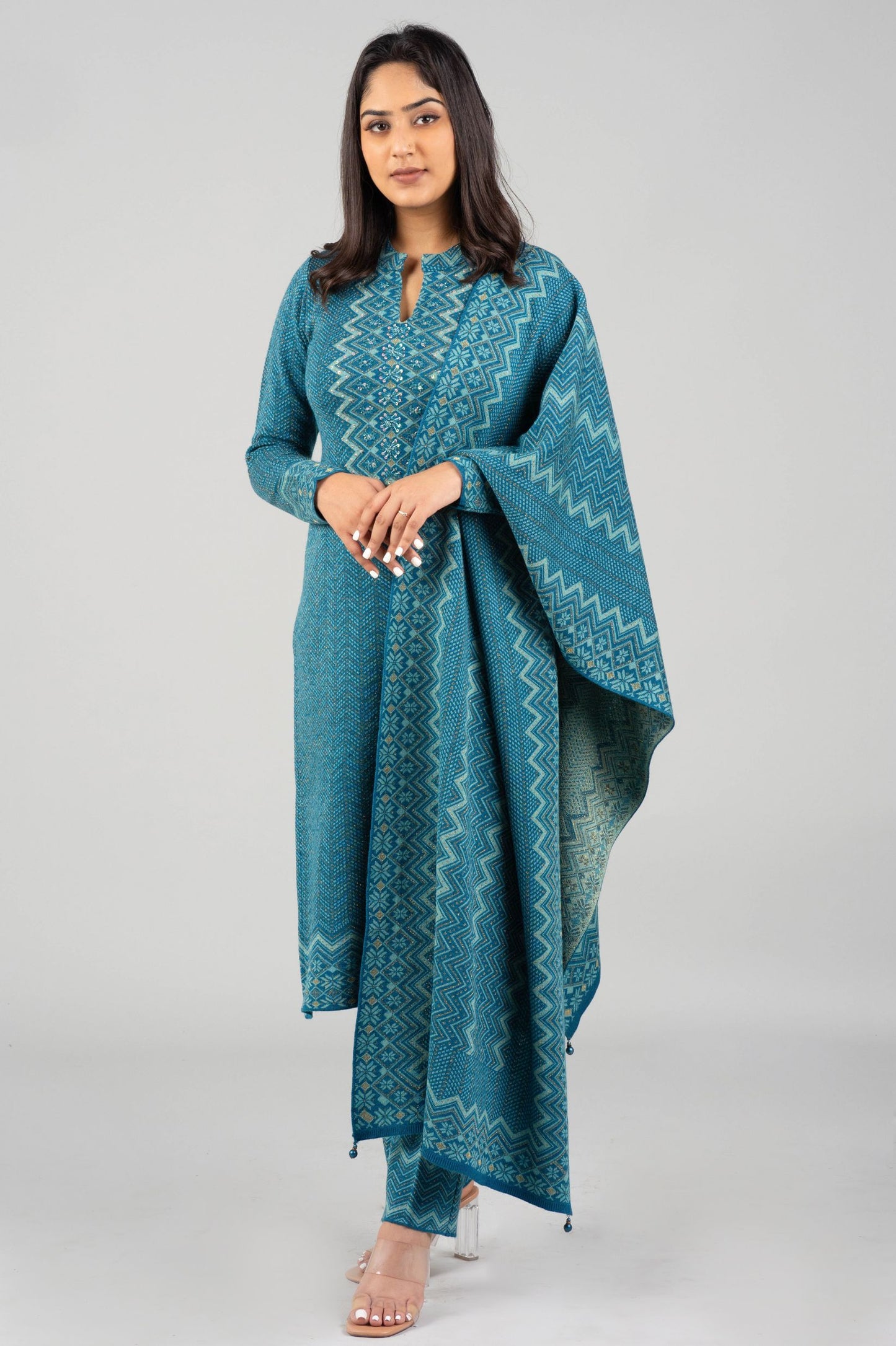 Blue Knitted Kurti Suit with Matching Design Dupatta – 3 Piece Set