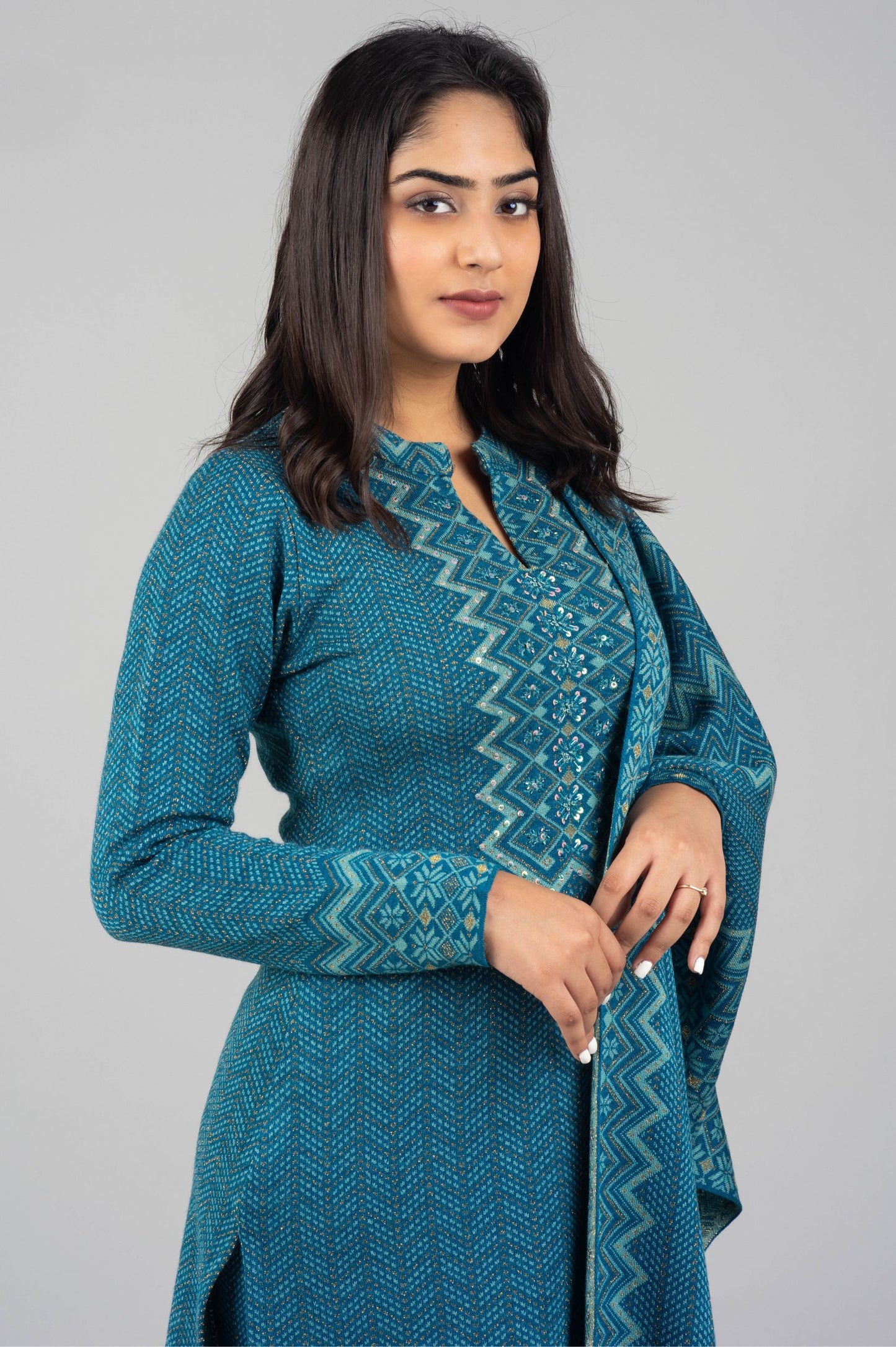 Blue Knitted Kurti Suit with Matching Design Dupatta – 3 Piece Set