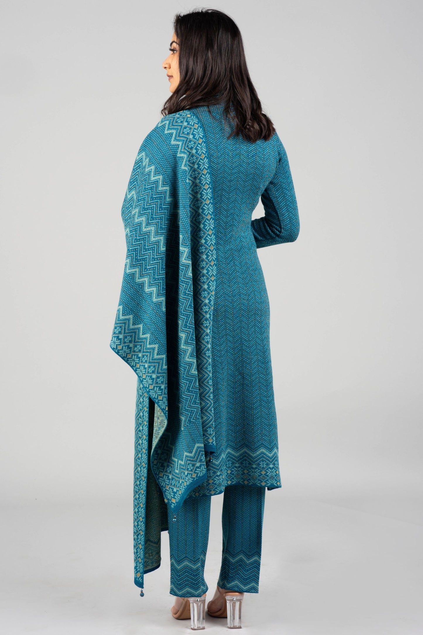Blue Knitted Kurti Suit with Matching Design Dupatta – 3 Piece Set
