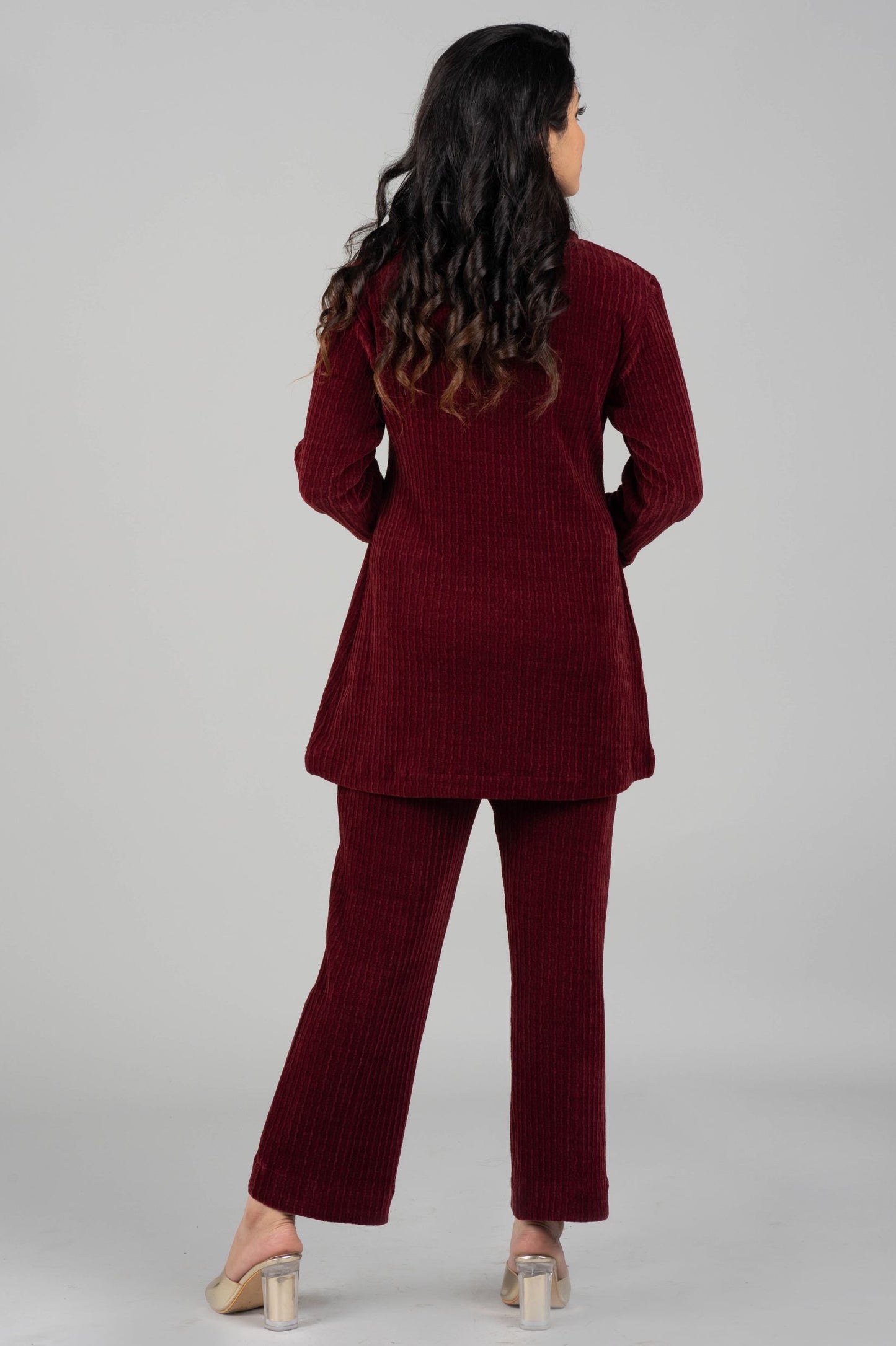 Mehroon Chenille Knitted Co-ord Set with Aari Embroidery