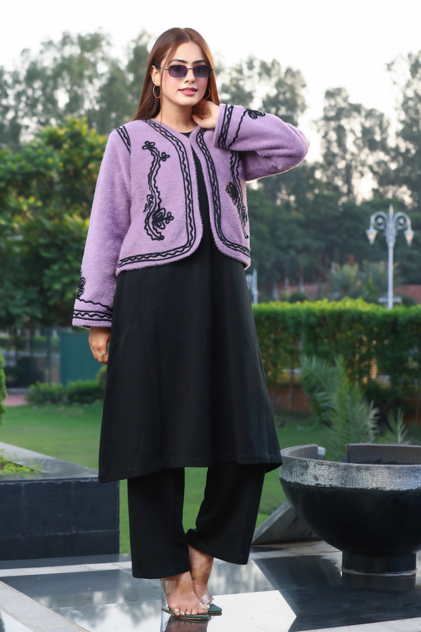 Purple Fur Embroidered Co-ord Set with Black Woolen Inner & Pant