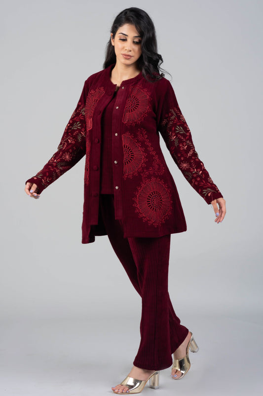 Mehroon Woolen Co-ord Set with Embroidered Jacket