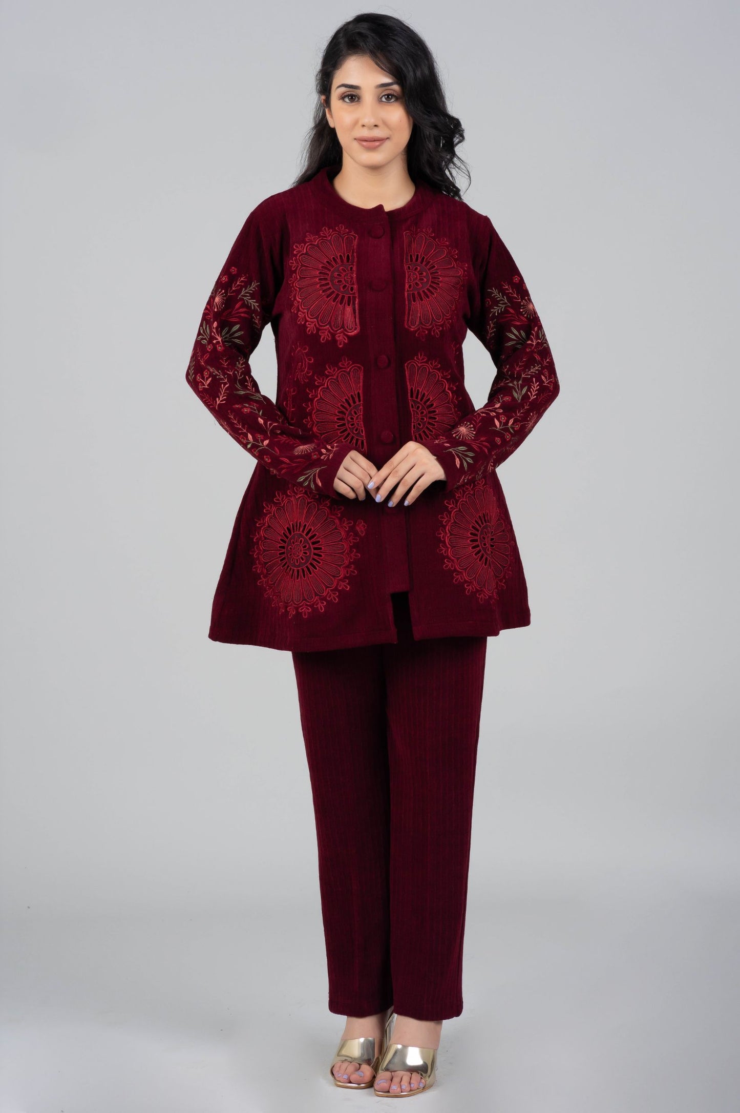 Mehroon Woolen Co-ord Set with Embroidered Jacket