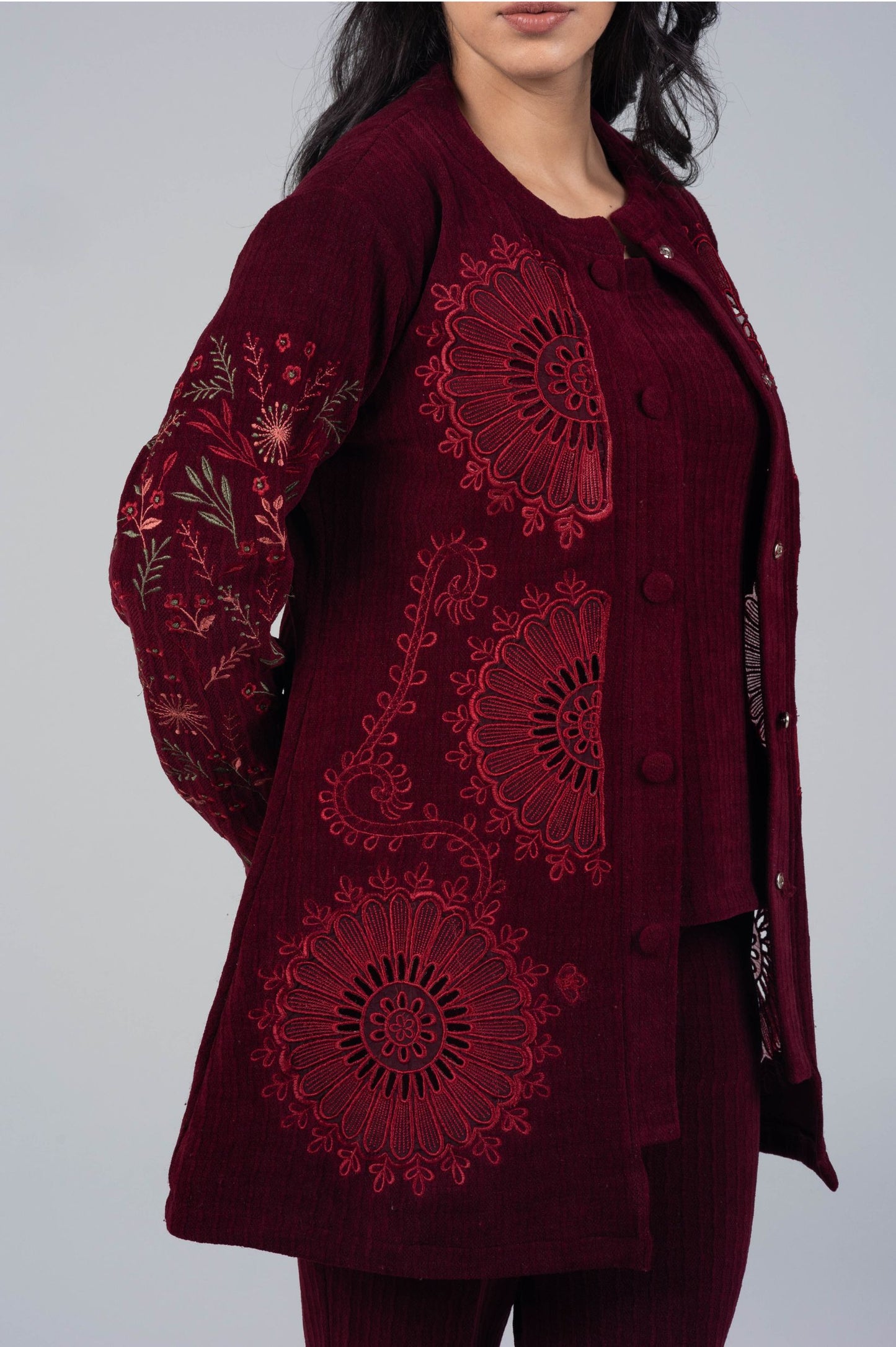 Mehroon Woolen Co-ord Set with Embroidered Jacket