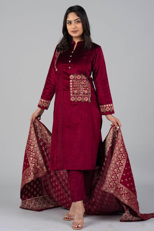 Mehroon Amritsari Velvet Kurti Set with Banarasi Dupatta