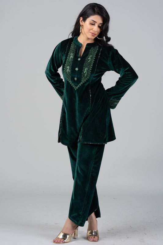 Forest Green Co-ord Set with Neck & Sleeve Embroidery