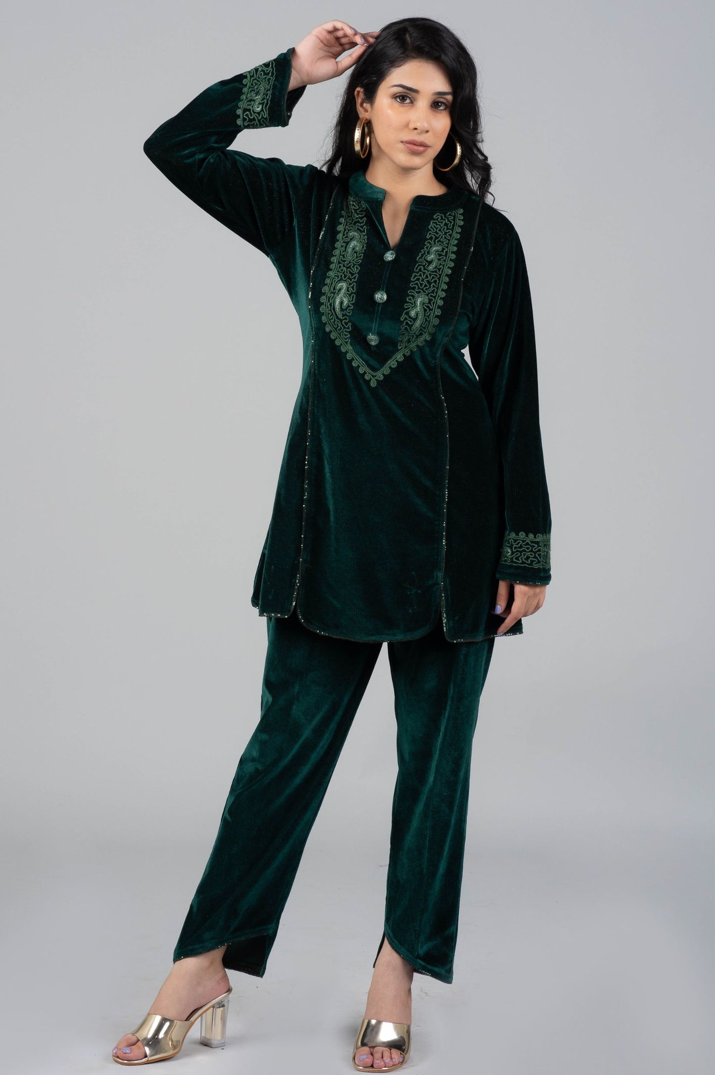 Forest Green Co-ord Set with Neck & Sleeve Embroidery