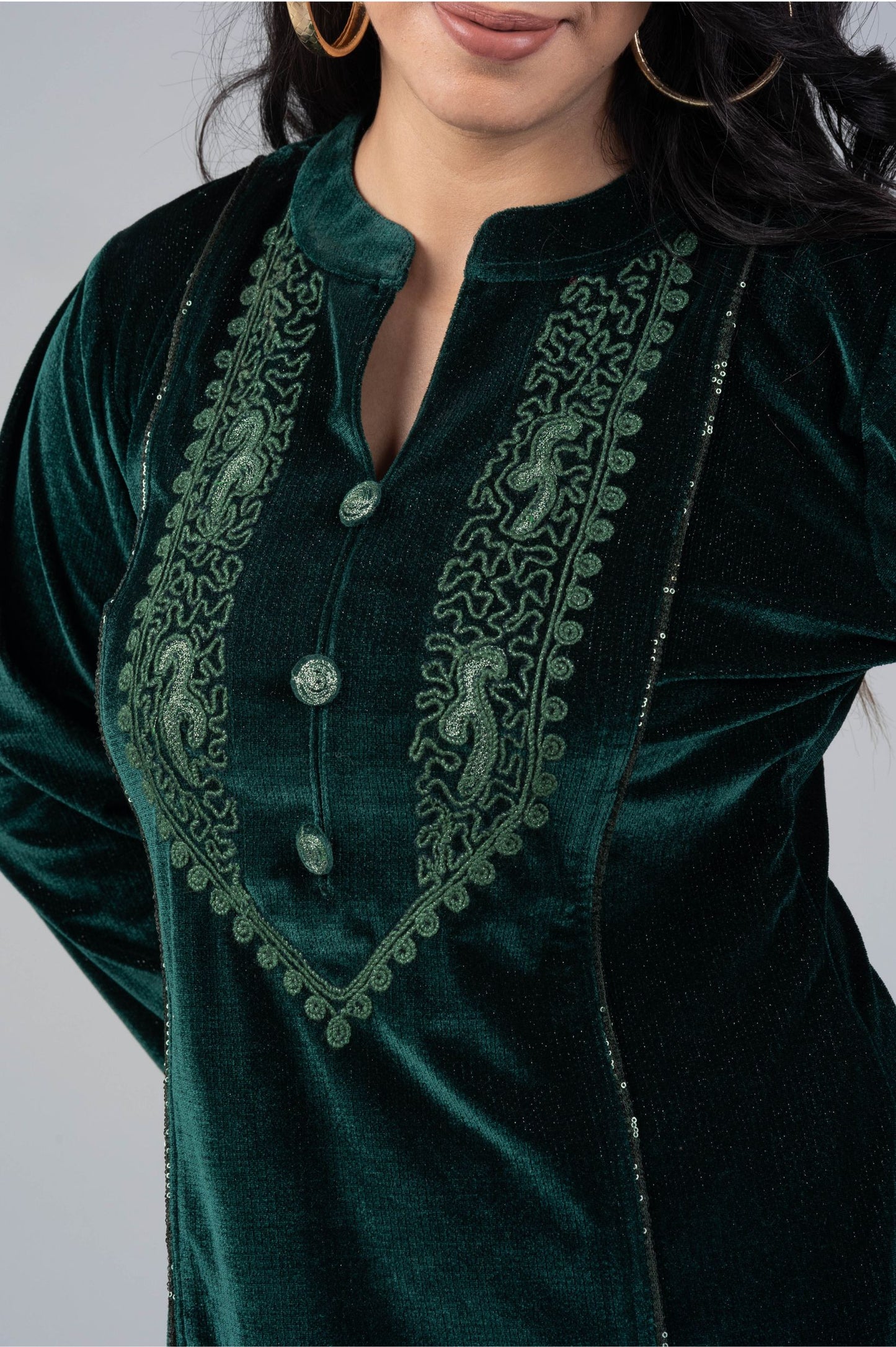 Forest Green Co-ord Set with Neck & Sleeve Embroidery