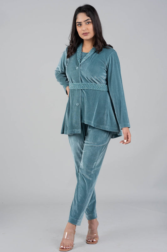 Sky Blue Velvet Co-ord Set with Inner & Beaded Embroidery
