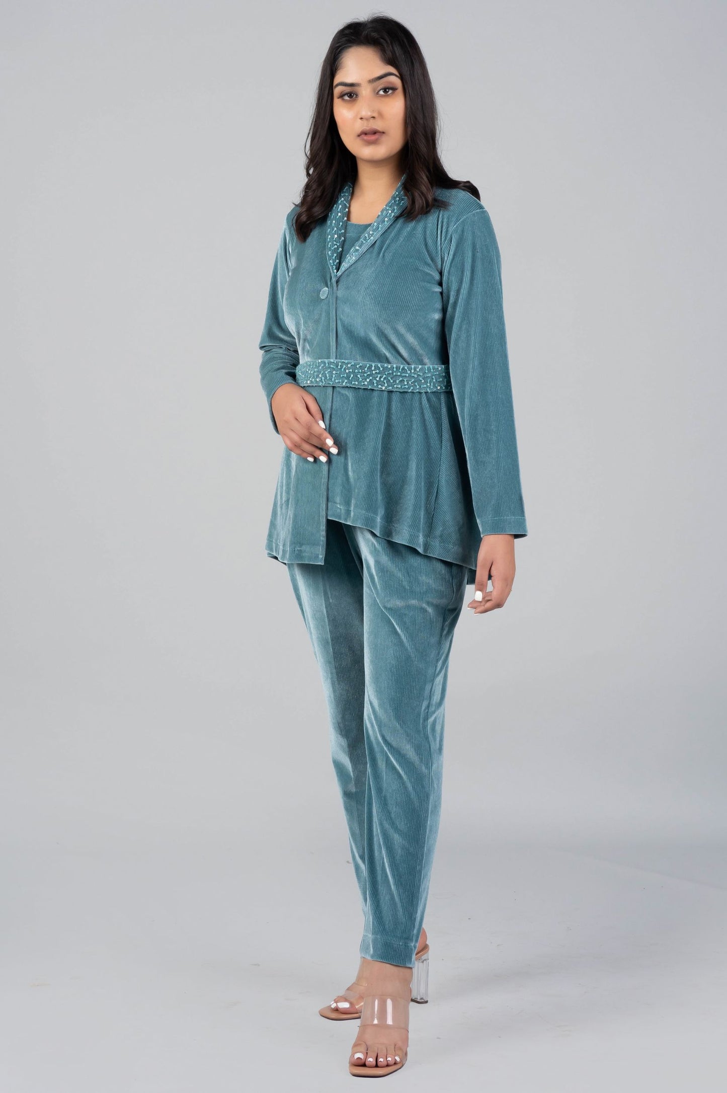 Sky Blue Velvet Co-ord Set with Inner & Beaded Embroidery