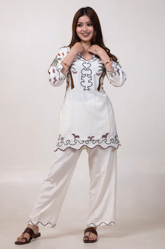Full Embroidered Pure Cotton V-Neck Co-ord Set – White