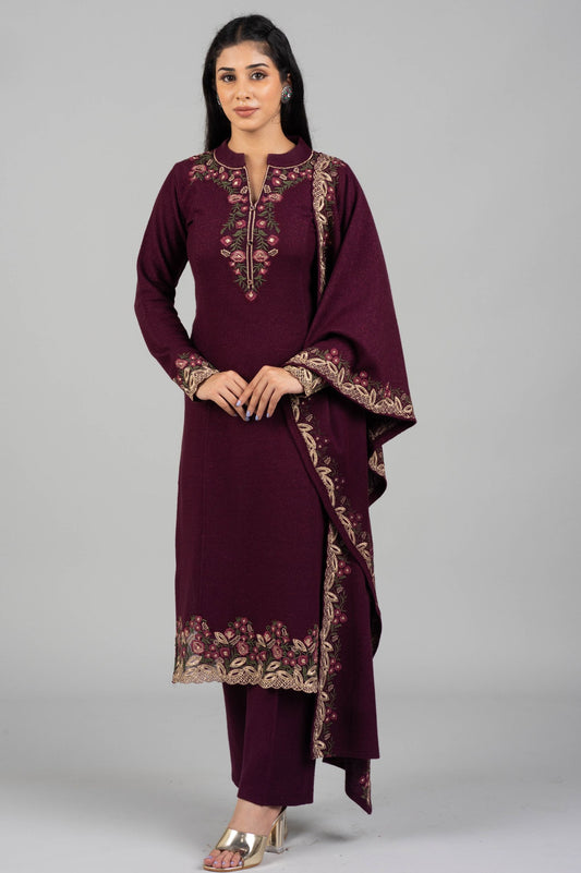 Mehroon Woolen Kurti Suit with Coordinated Embroidered Dupatta