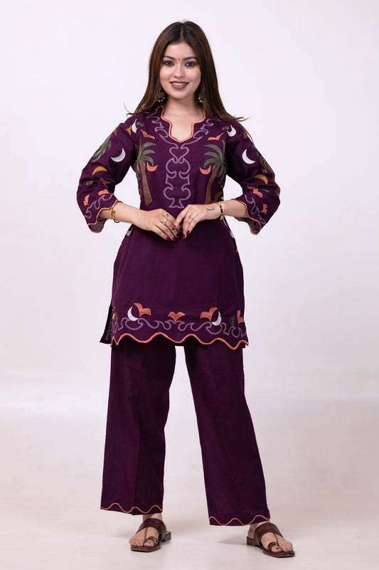 Full Embroidered Pure Cotton V-Neck Co-ord Set – Purple