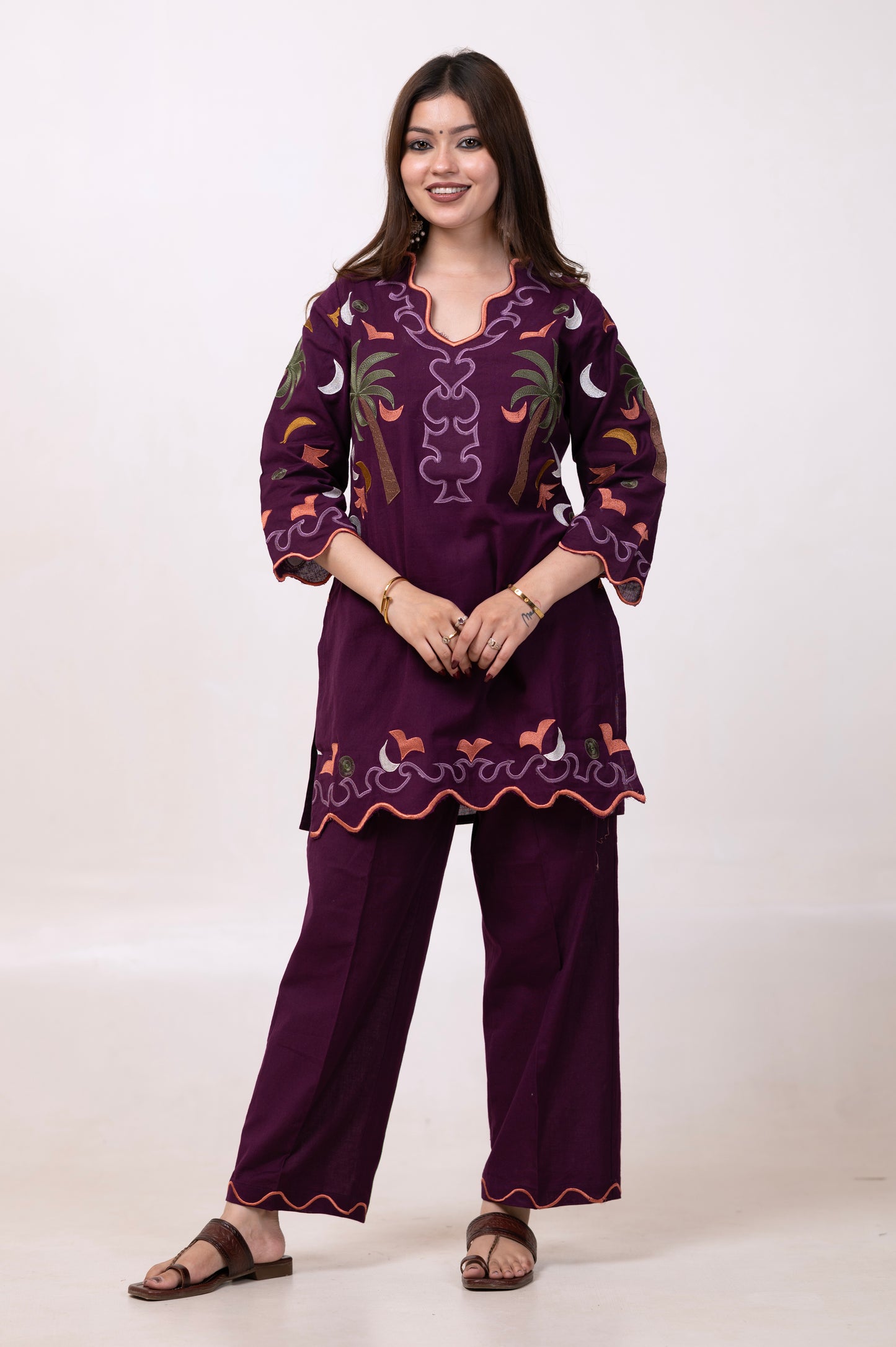 Full Embroidered Pure Cotton V-Neck Co-ord Set – Purple