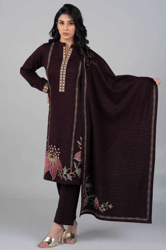 Dark Purple Woolen Kurti Suit with Elegant Embroidery – 3 Piece Set