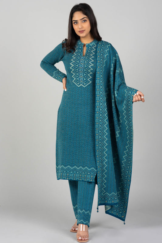 Blue Knitted Kurti Suit with Matching Design Dupatta – 3 Piece Set