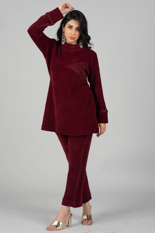 Mehroon Chenille Knitted Co-ord Set with Aari Embroidery