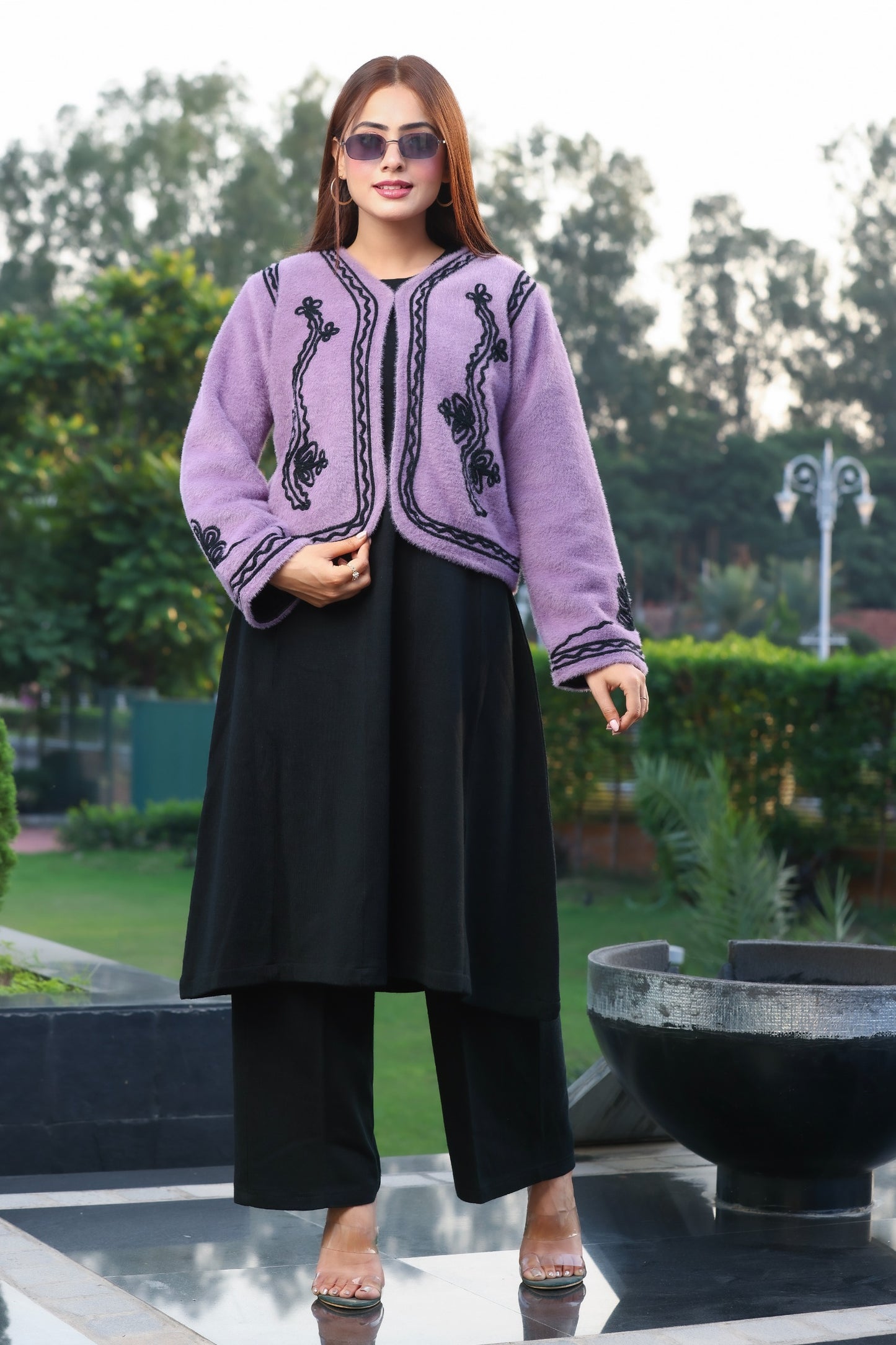 Purple Fur Embroidered Co-ord Set with Black Woolen Inner & Pant