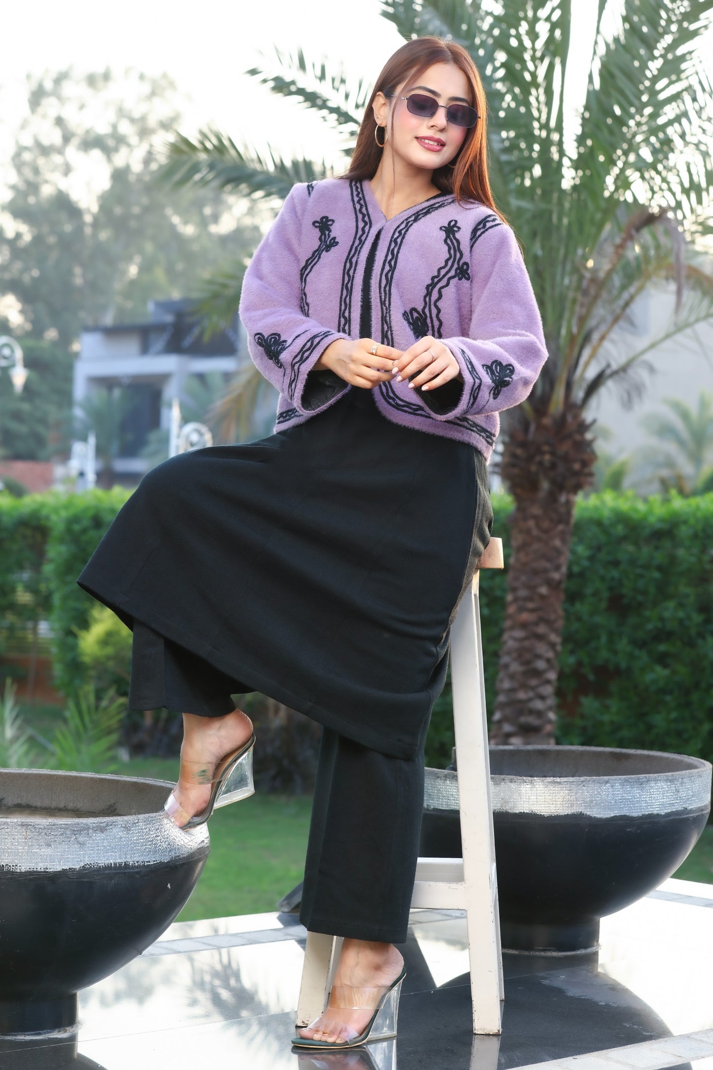 Purple Fur Embroidered Co-ord Set with Black Woolen Inner & Pant