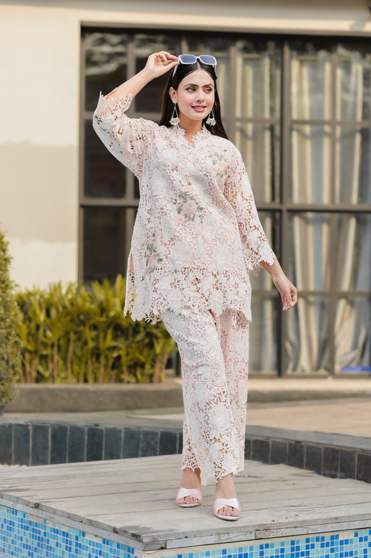 Blush Petals Embroidered Net Co-ord Set