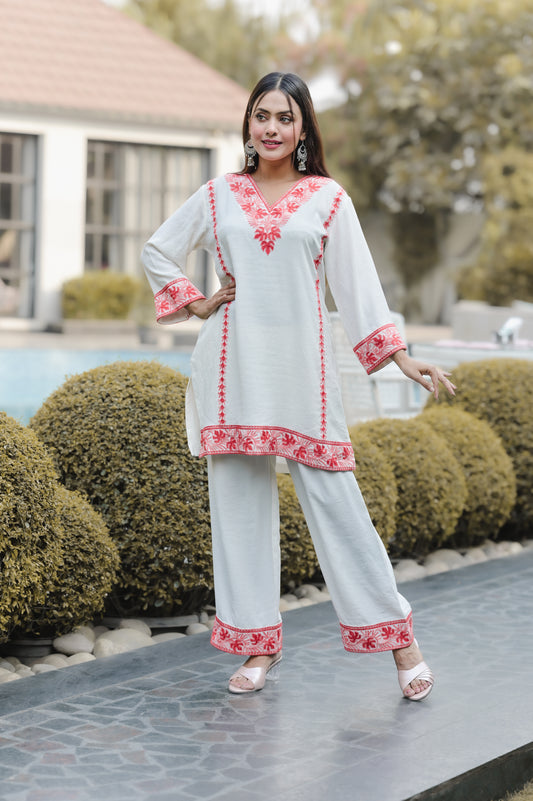 Rose Mist Aari Embroidered Kurti Set